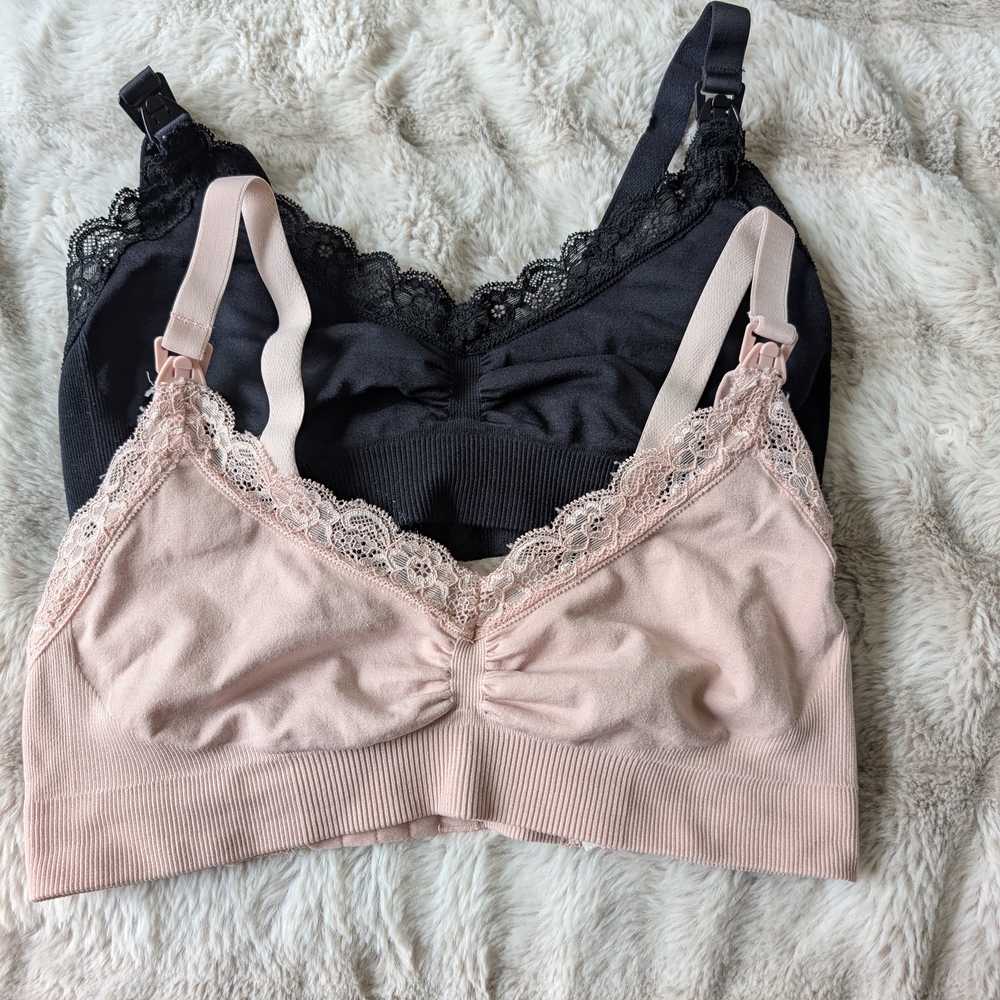 Breastfeeding Lace Trim Wireless Bralette Set - Black and Pink